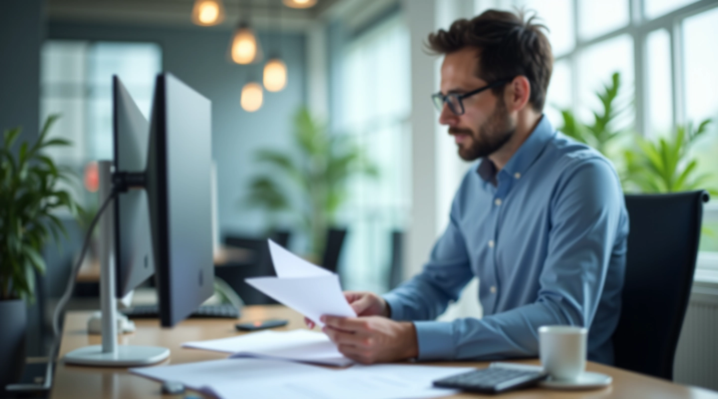 Professional studying financial documents and data analysis materials at desk